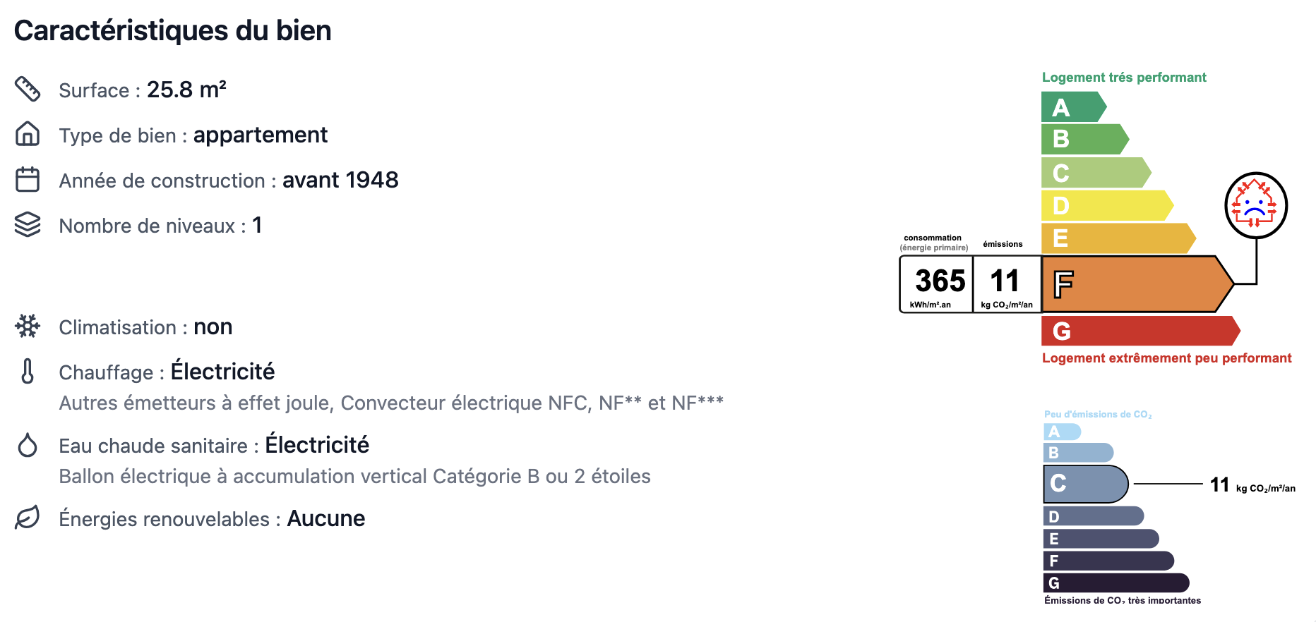 Interface affichant les informations DPE